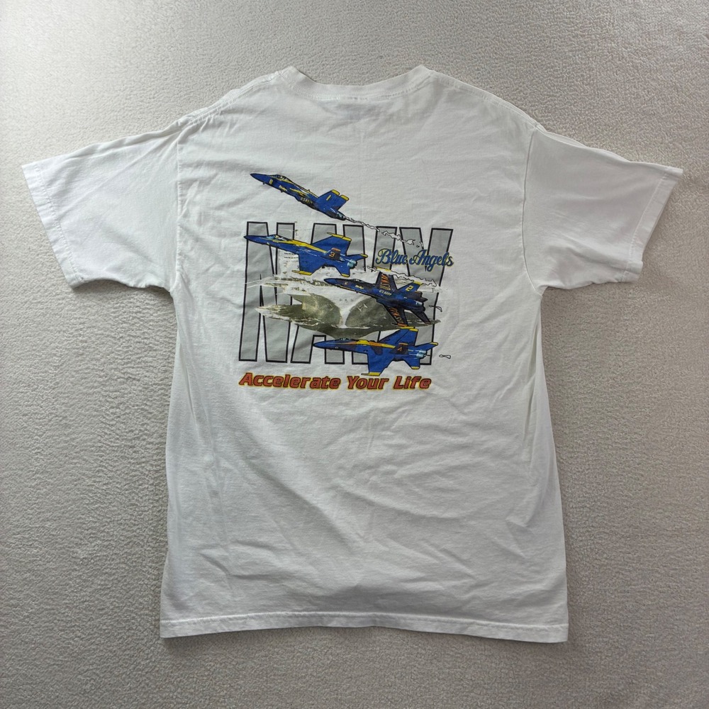 Vintage US Navy Blue Angels T Shirt Men Med White Military Fighter Jet Plane Y2K
